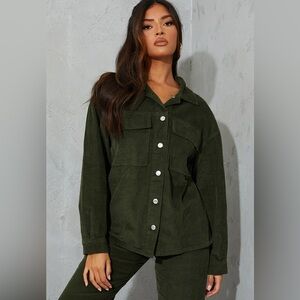 Dark olive green oversized utility corduroy button-up jacket with a relaxed fit